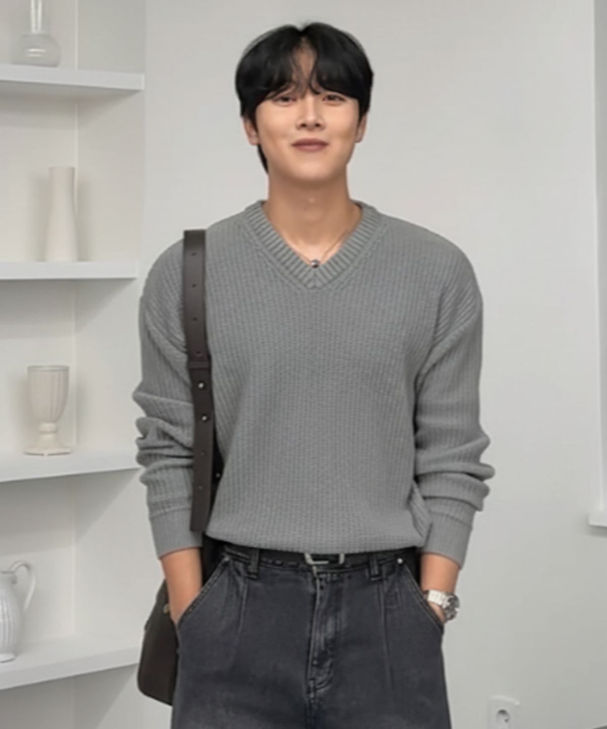 노드유(NODU) 브이넥 와플 에센셜 니트 [그레이]