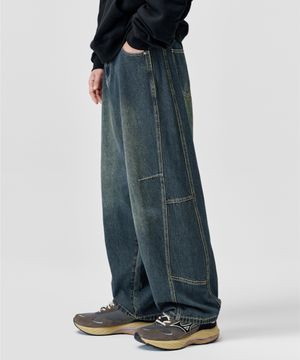 커브드 워싱 절개 와이드 데님 팬츠 [샌드인디고]