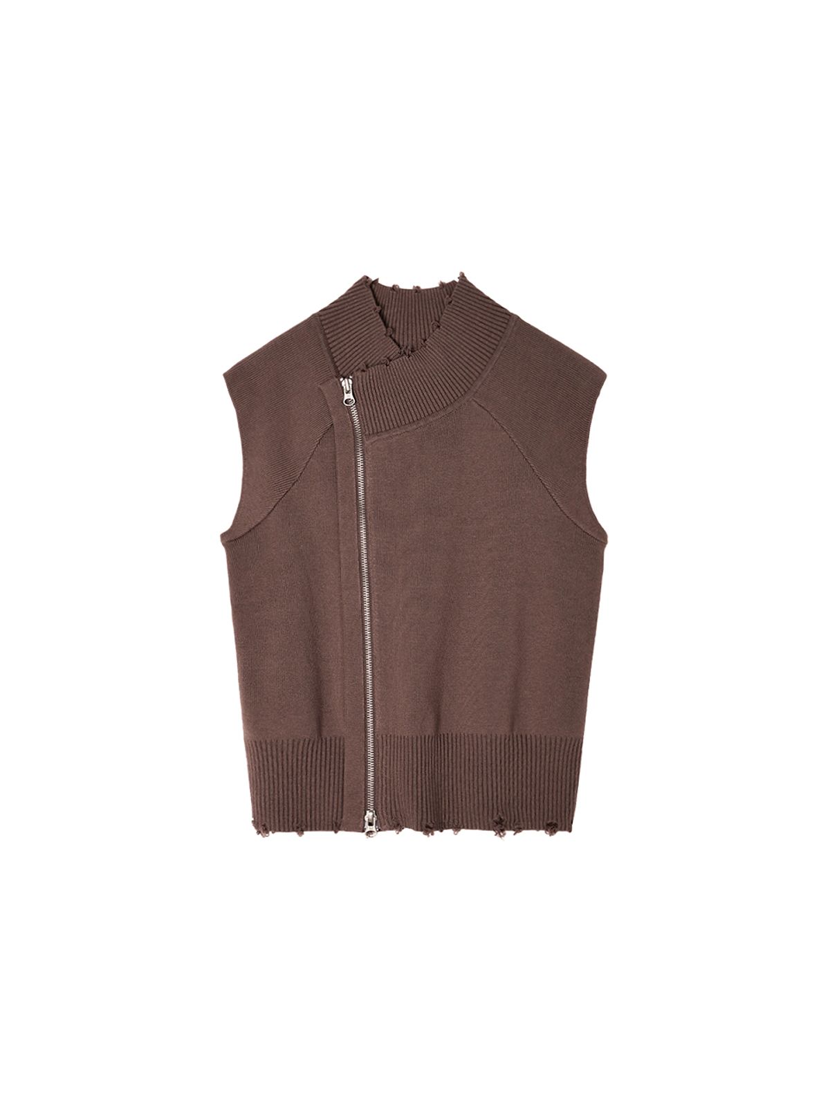 마뗑킴(MATIN KIM) HIGH NECK LOGO KNIT ZIP UP VEST IN BROWN