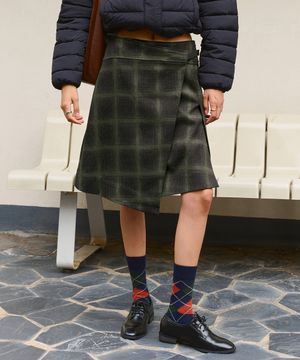 제인 체크 랩 스커트-카키