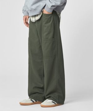 사이드 절개 포켓 피치스킨 코튼 팬츠 [라이트카키]