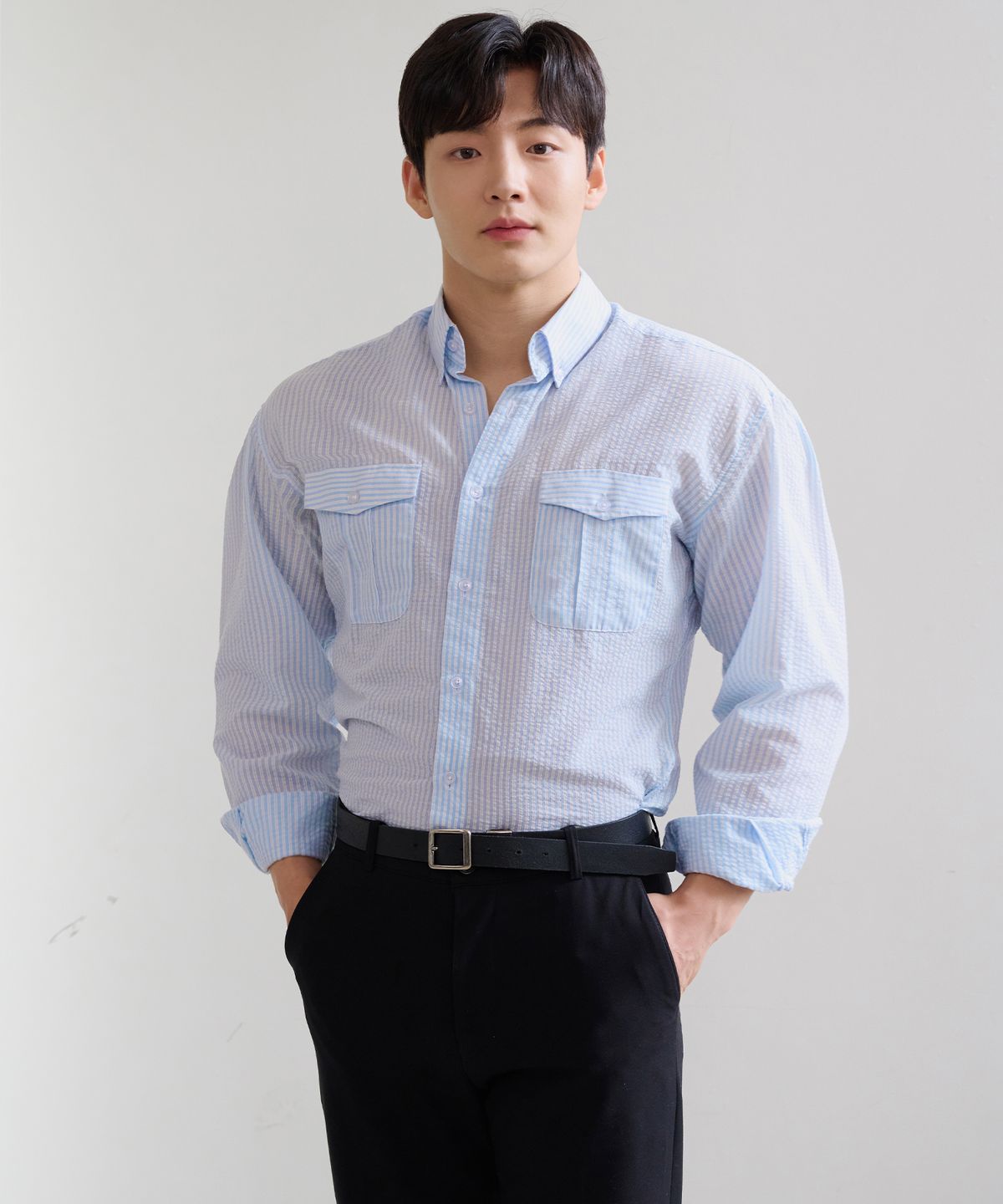 핵쿨남(HECKCOOLNAM) 블랙라벨(Black Label) 하이엔드 시어서커 머슬핏 정장 셔츠