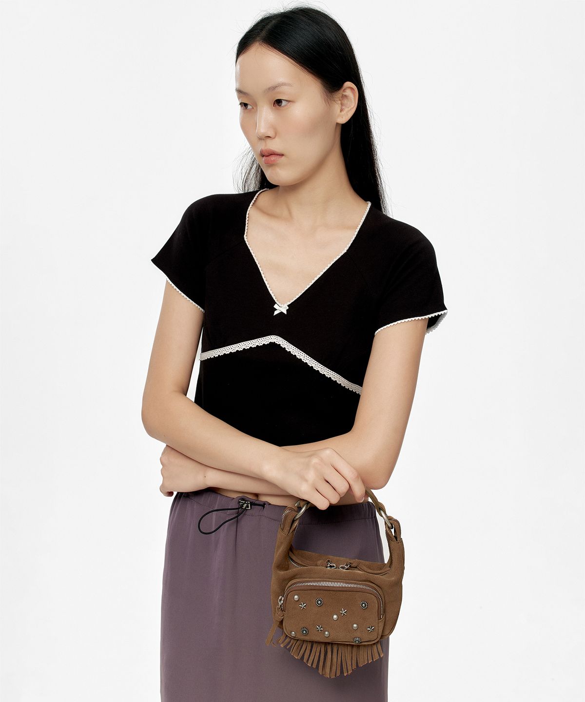 마지셔우드(MARGESHERWOOD) CITY HOBO MICRO_cappuccino studded suede