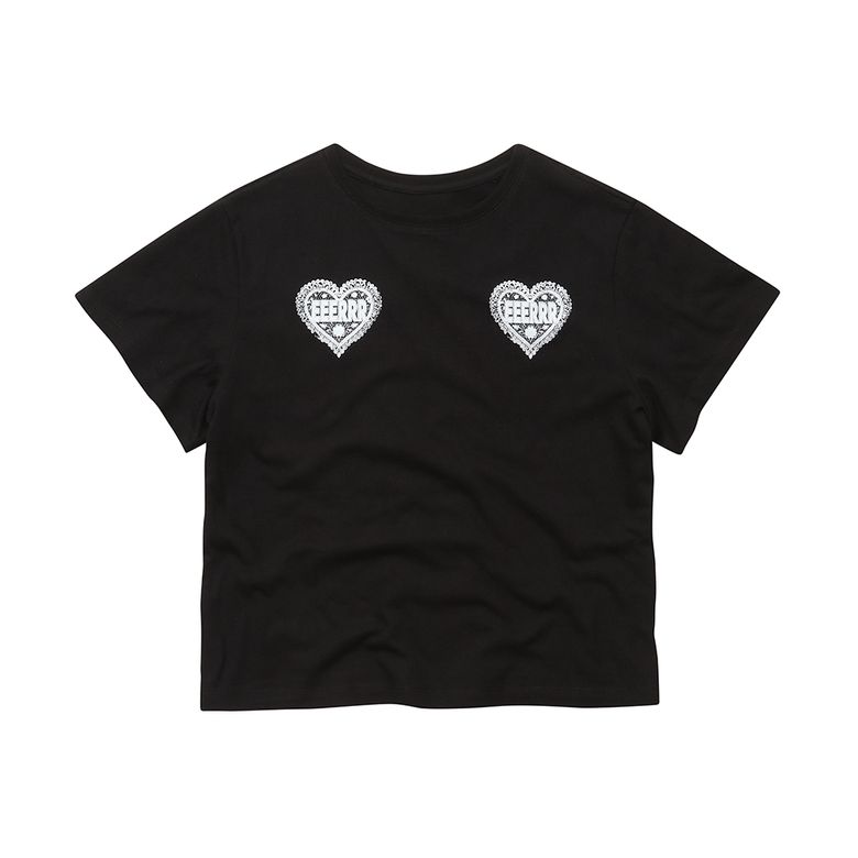 Heart Lace Artwork Semi-crop T-shirt Black