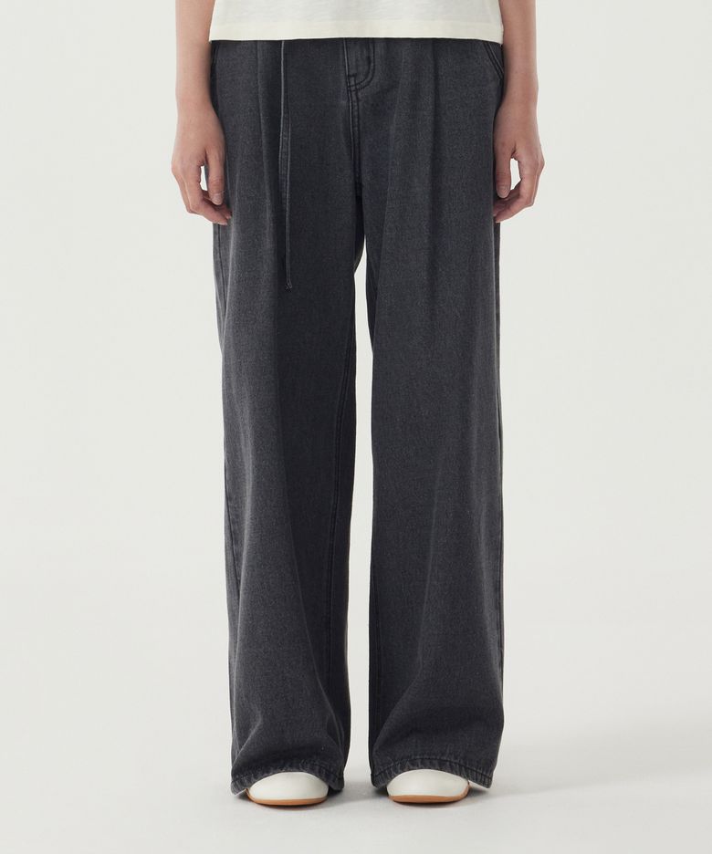 우먼 벨티드 와이드 데님 팬츠 Dark Gray