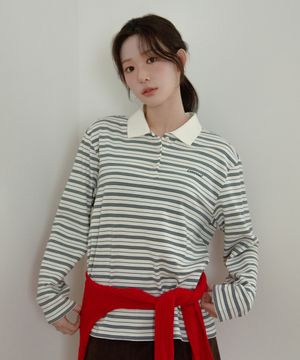 우먼 스트라이프 카라 럭비티 Ivory