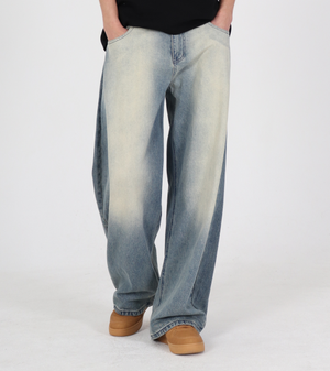 빈티지 페이드 워싱 와이드 커브 데님 팬츠 [더스티 라이트 블루]