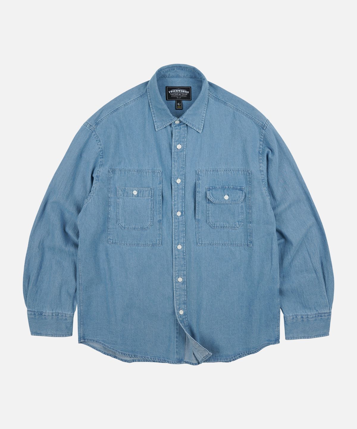프리즘웍스(FRIZMWORKS) BLEACH DENIM UTILITY SHIRT _ MID BLUE