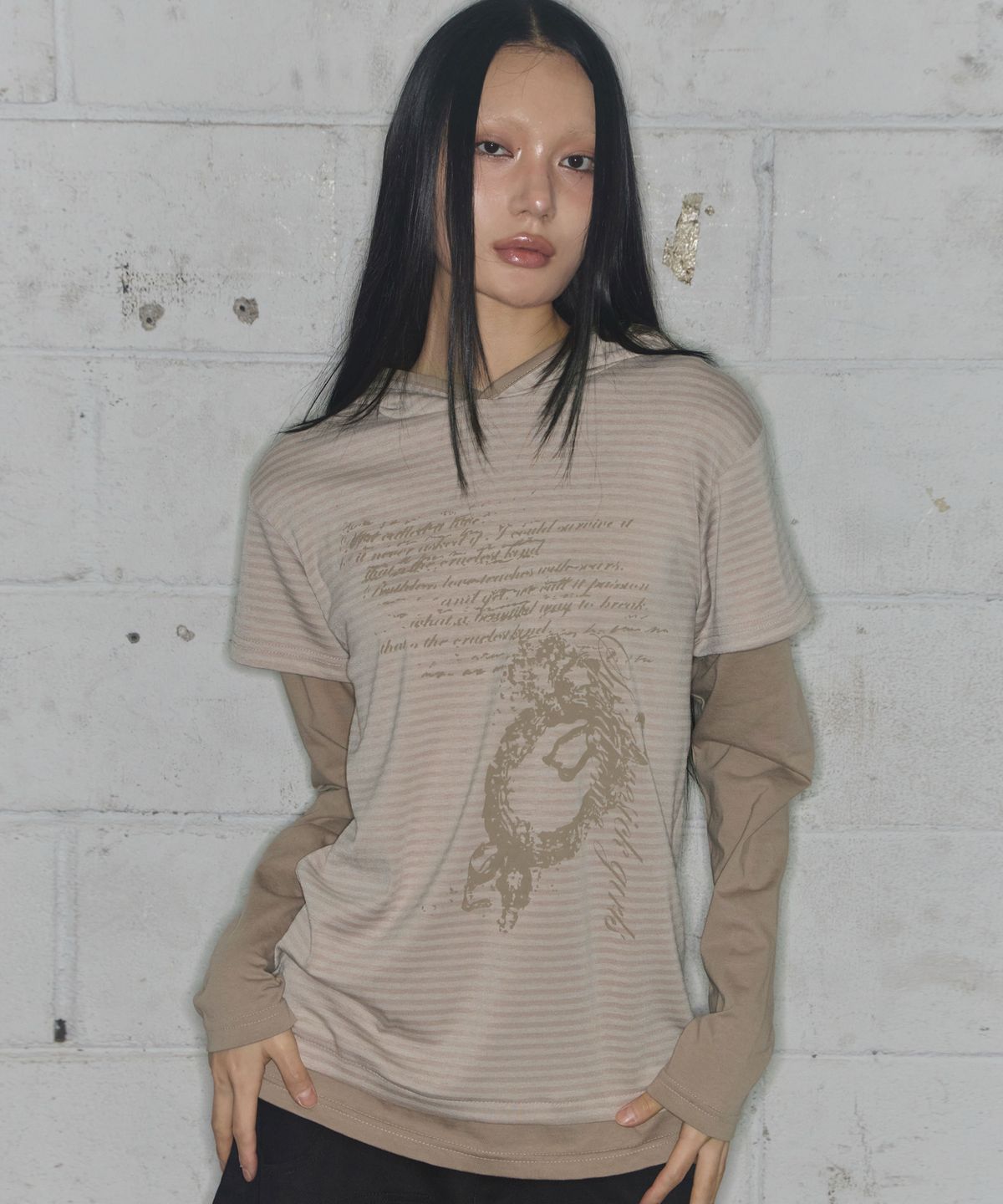 팬시클럽(FANCY CLUB) 스트라이프 레이어드 후드 (BEIGE) F25ZB024