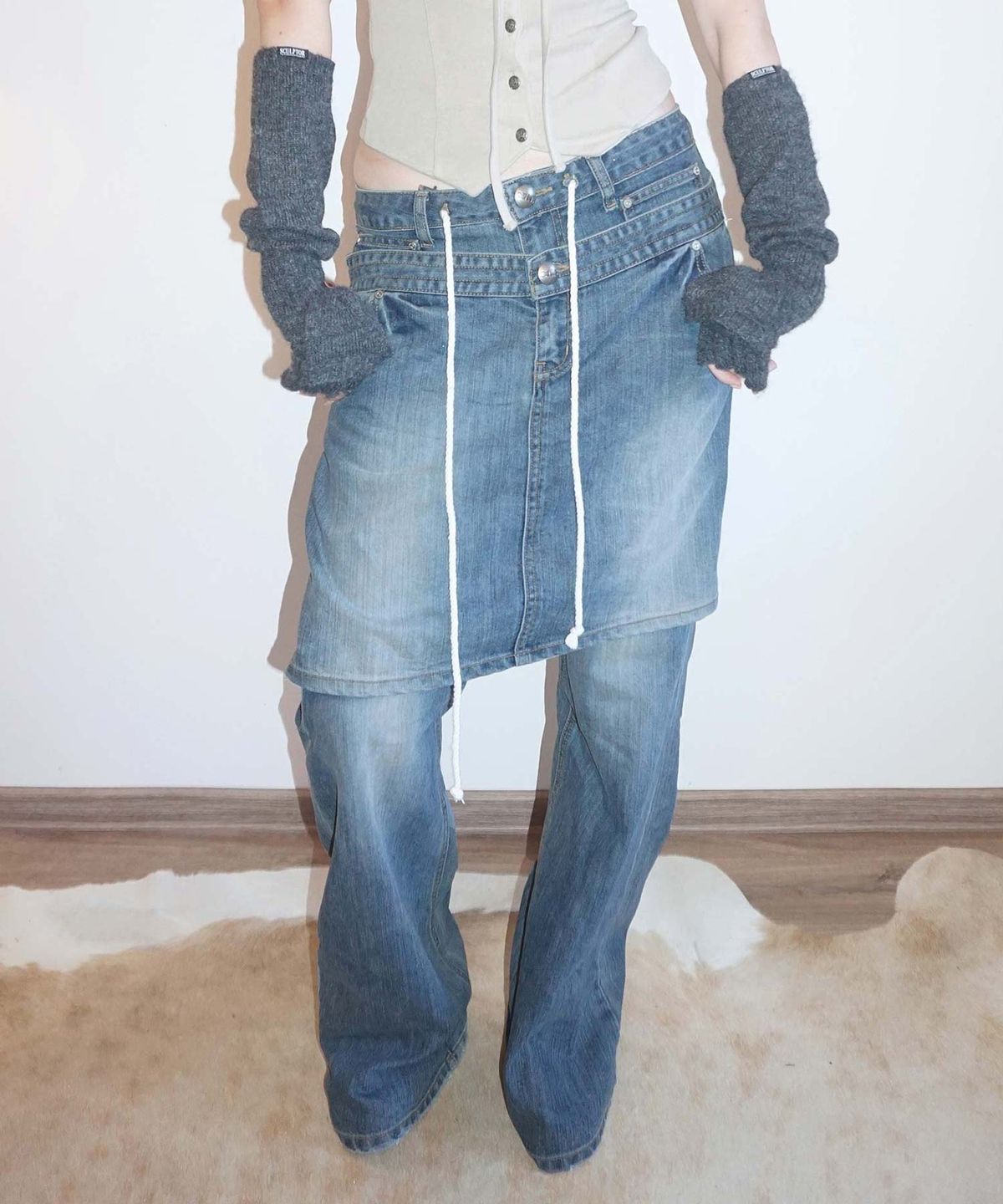 스컬프터(SCULPTOR) Apron Layered Denim Mid Blue