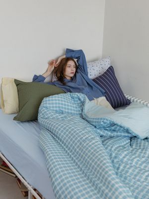 스카이 블루 체크 모달 옥수수솜 무봉제 차렵이불 SS/Q/K/EK