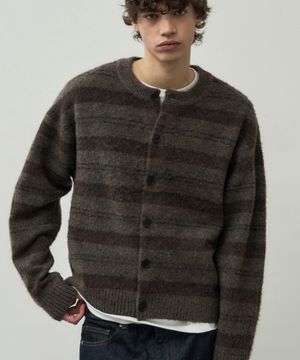 헤어리 스트라이프 크롭 니트 가디건 [브라운]