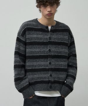 헤어리 스트라이프 크롭 니트 가디건 [딥그레이]