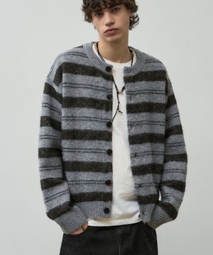 헤어리 스트라이프 크롭 니트 가디건 [라이트그레이]