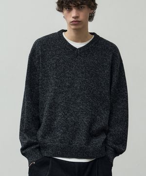 투톤 믹스 코튼 크롭 브이넥 니트 [블랙]