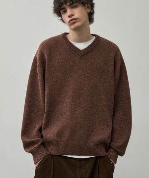 투톤 믹스 코튼 크롭 브이넥 니트 [브라운]