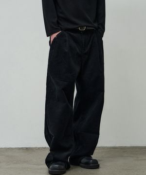 폴드 레이어 세미 와이드 코듀로이 팬츠 [블랙]
