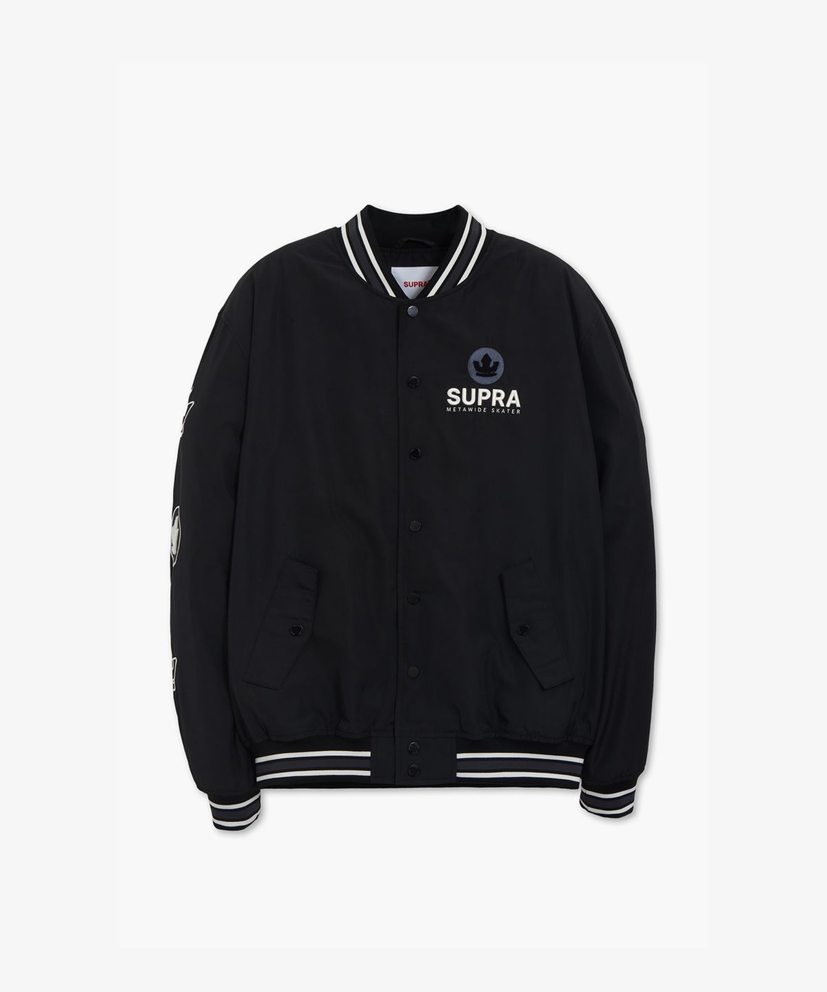 수프라(SUPRA) 크라운 부클 자수 바시티 자켓(BLACK)