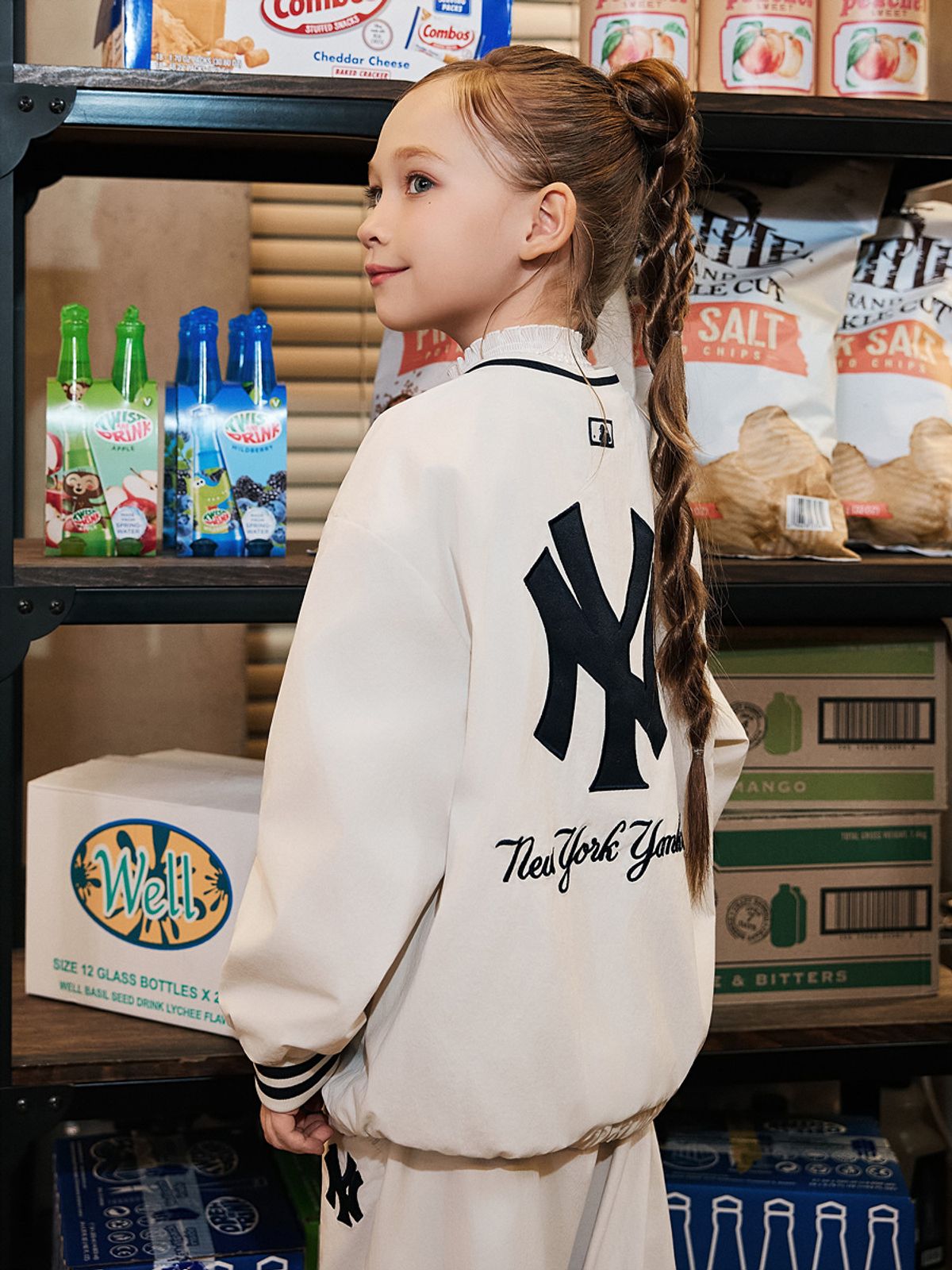 엠엘비 키즈(MLB KIDS) 스트릿 베이직 쿠퍼스 로고 우븐 맨투맨세트 NY (Cream)