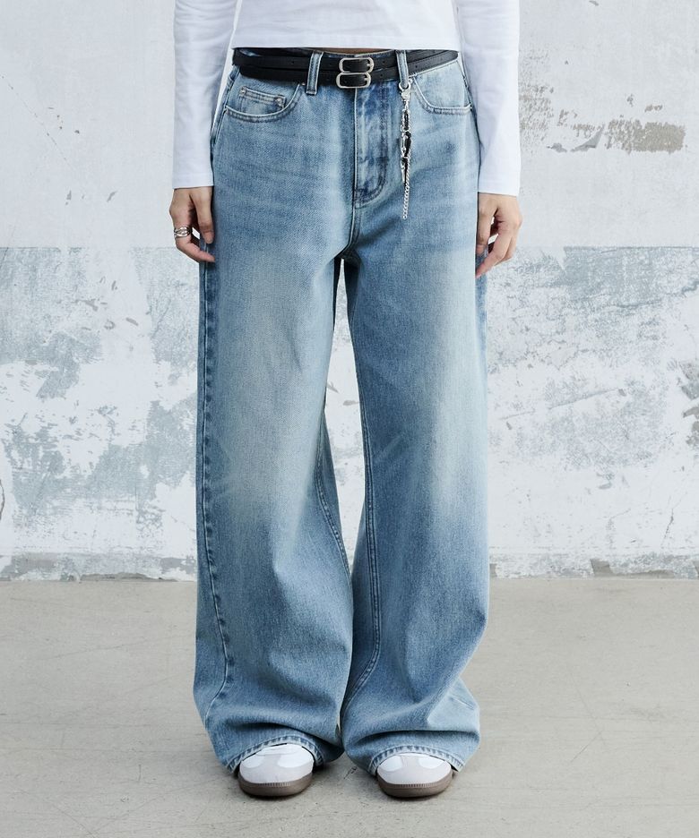 (W) WASHED DENIM PANTS MID BLUE