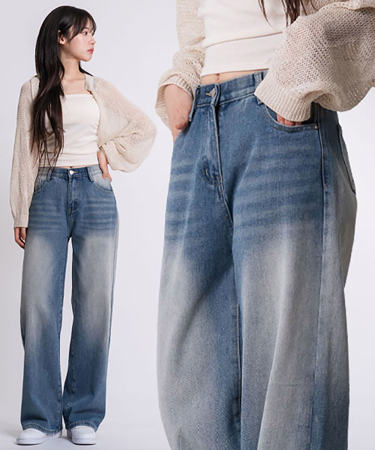 엘런아시(ELLENASSY) P51_[숏,기본,롱/S~3XL/4컬러] 빈티지 반밴딩 와이드 데님 팬츠 / 중청