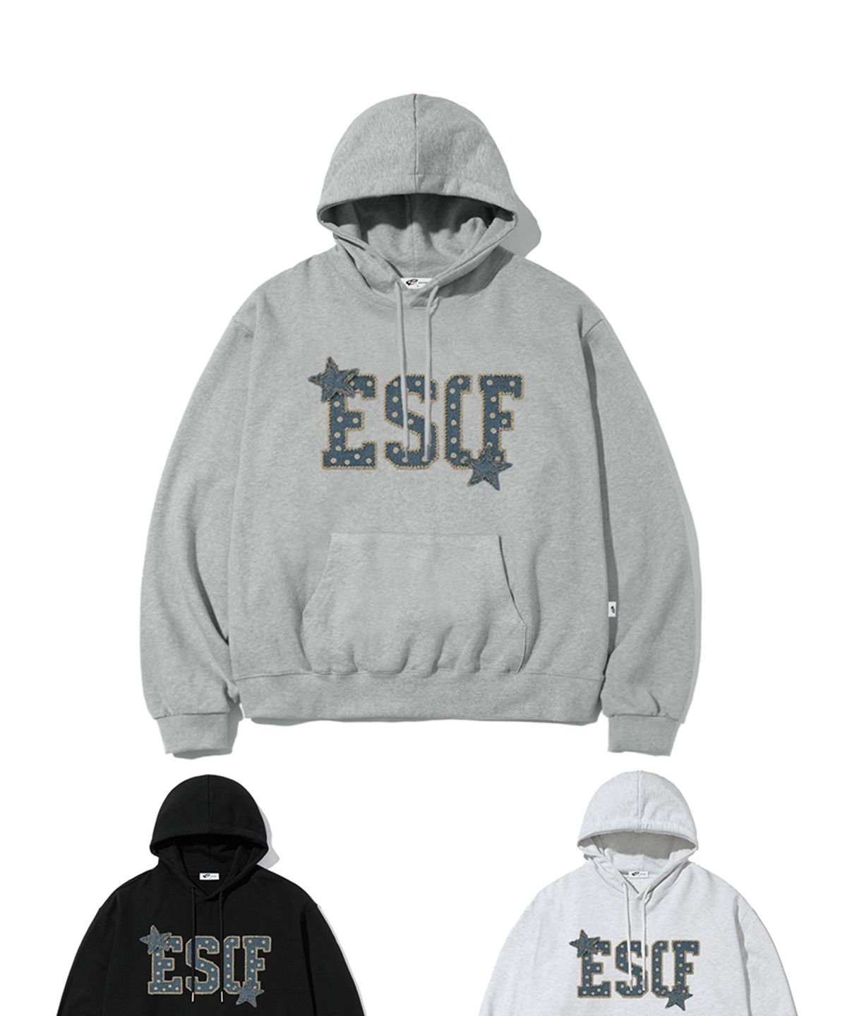 이스케이프프롬(ESCAPEFROM) 스타 데님 패치 프린트 후드티 [3color]