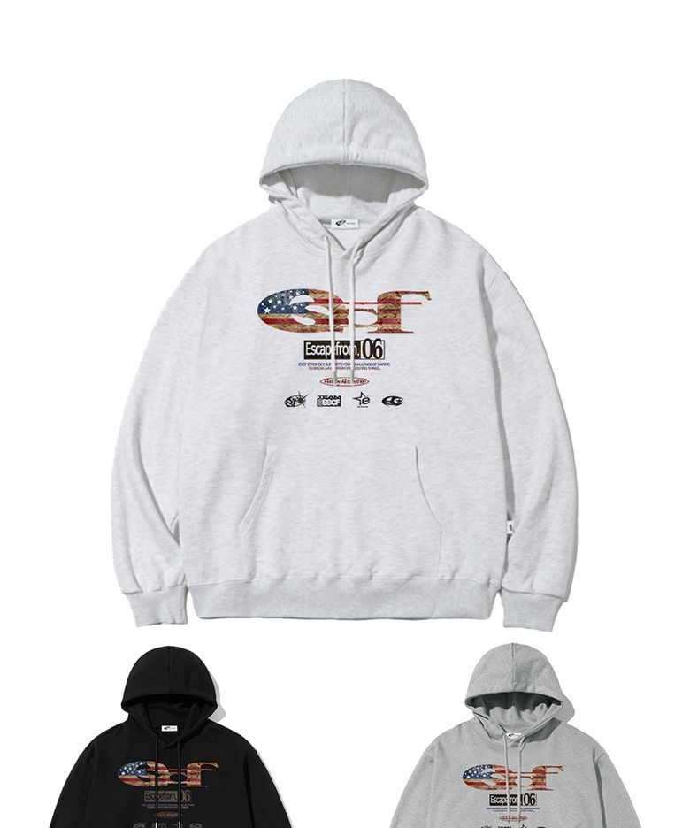 빈티지 플래그 ESCF 로고 콜라주 프린트 후드티 [3color]