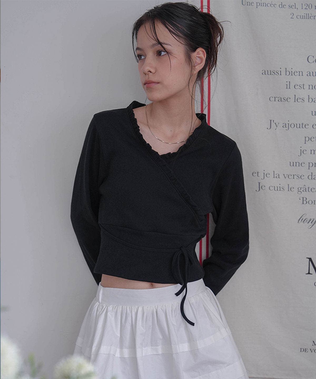 드헤베(DEHEVE) Wrap Frill Long Sleeve [Black]