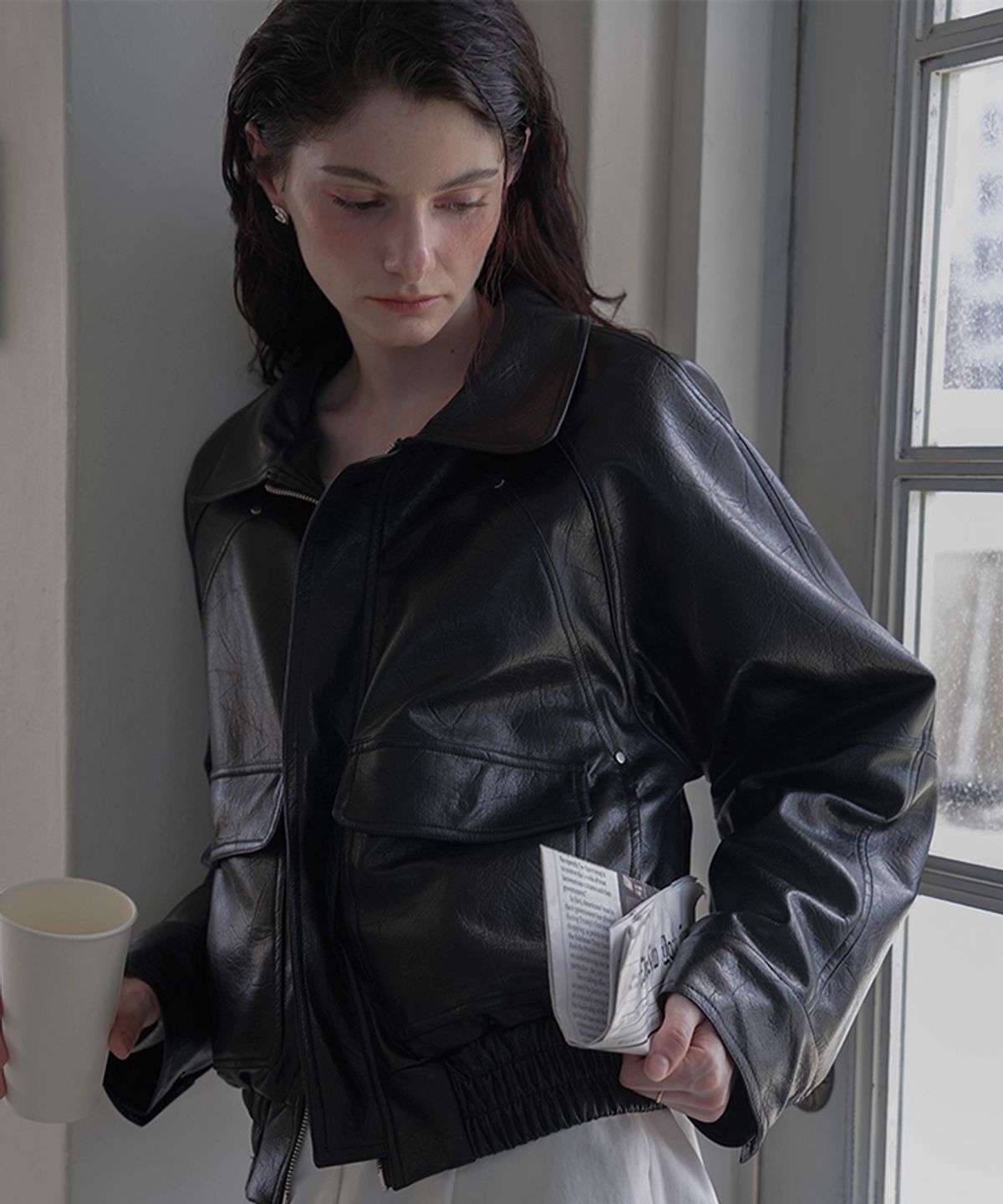 드헤베(DEHEVE) Two-way Rivet Leather Jacket [Black]