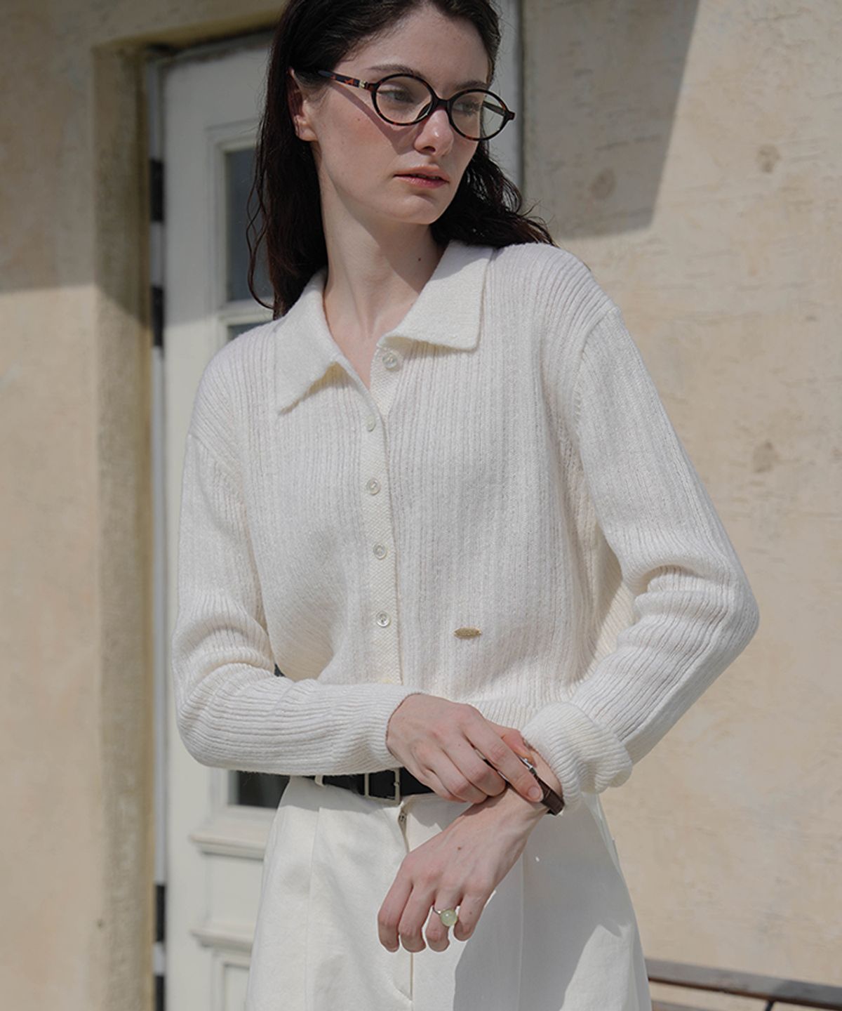 드헤베(DEHEVE) Pastel Collar Knit Cardigan [Ivory]