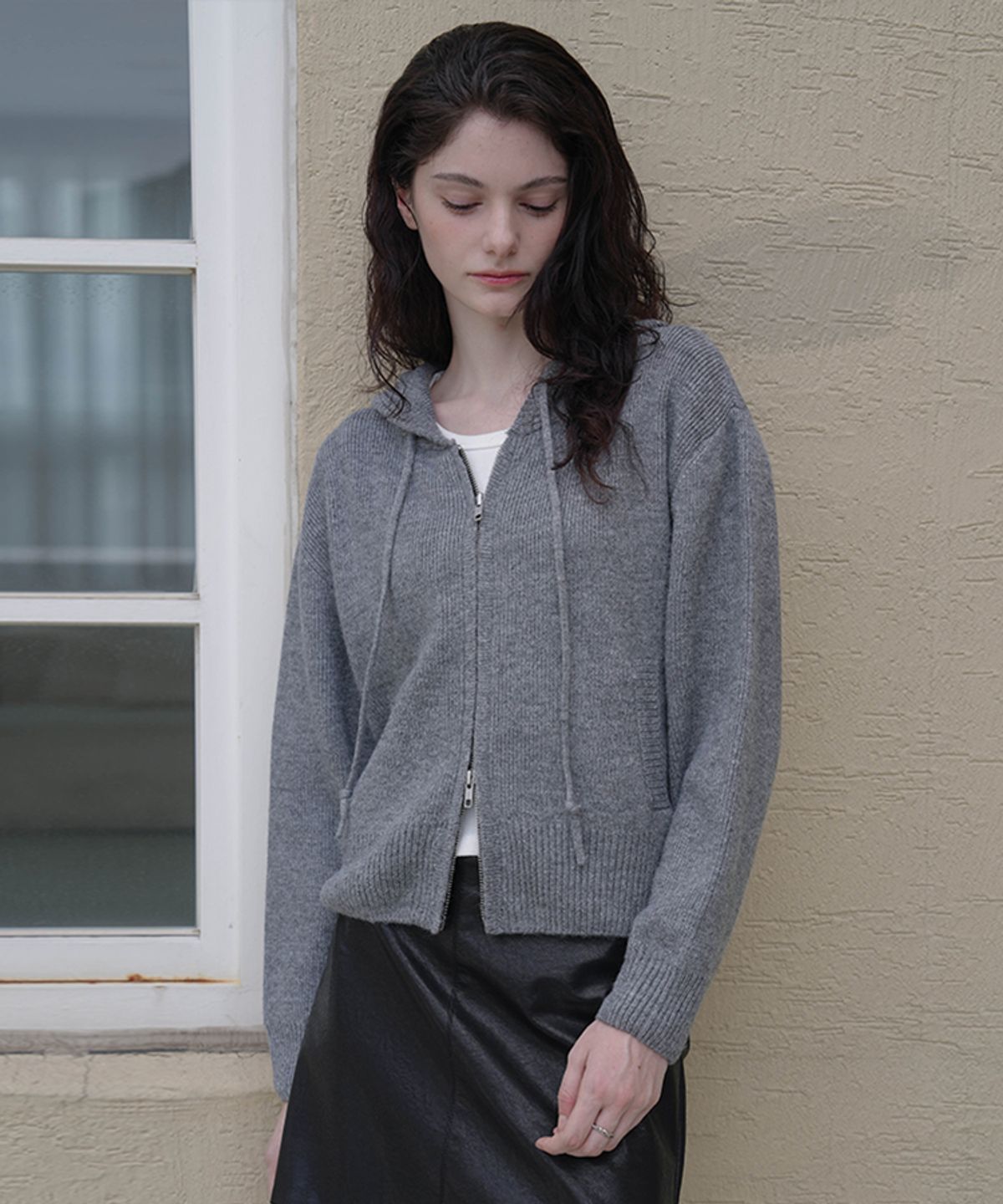 드헤베(DEHEVE) Two-way Hood Zip-up Knit [Gray]