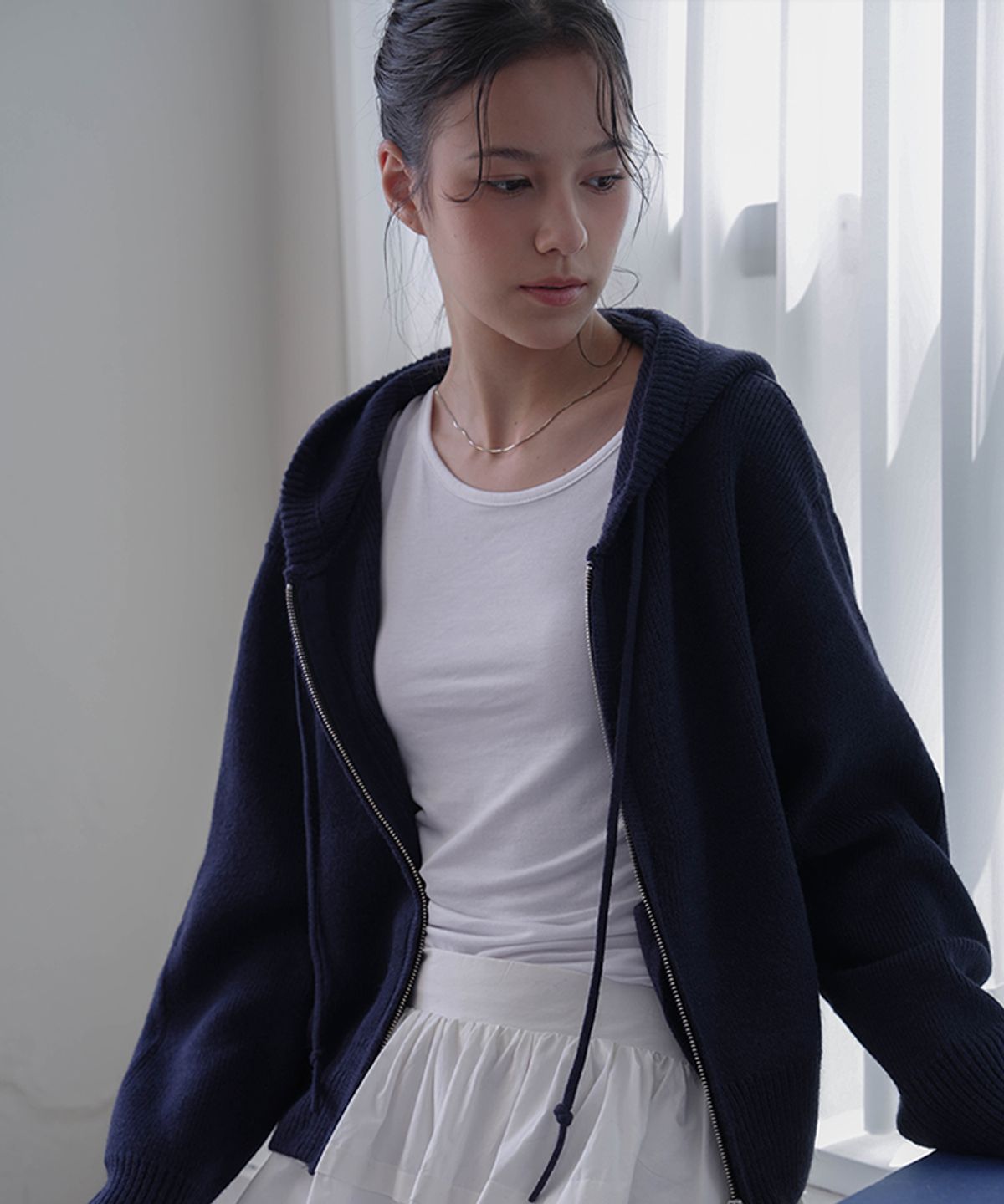 드헤베(DEHEVE) Two-way Hood Zip-up Knit [Navy]