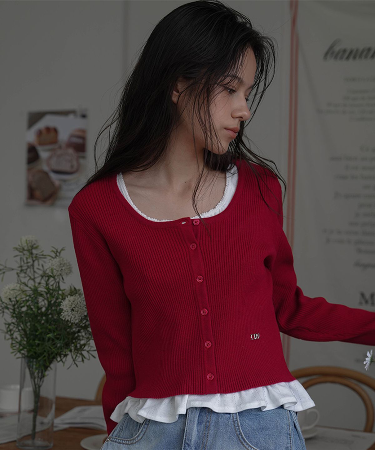 드헤베(DEHEVE) Round Ribbed Cardigan [Red]