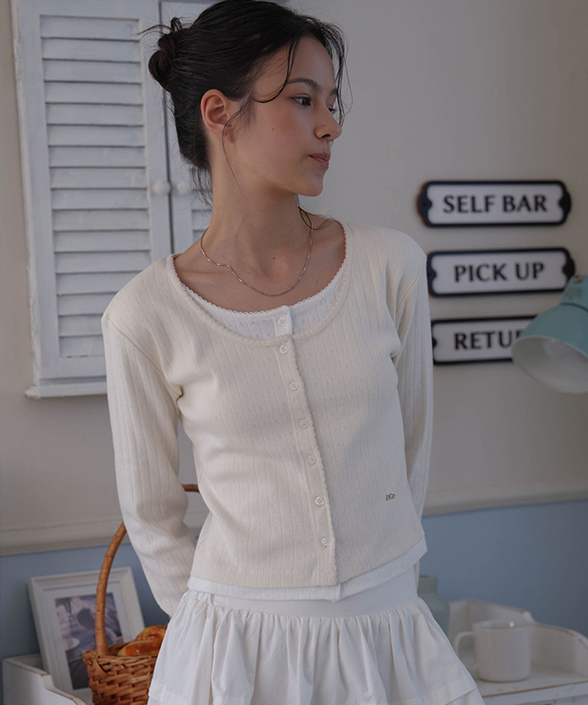 드헤베(DEHEVE) Lace Layered Cardigan [Ivory]