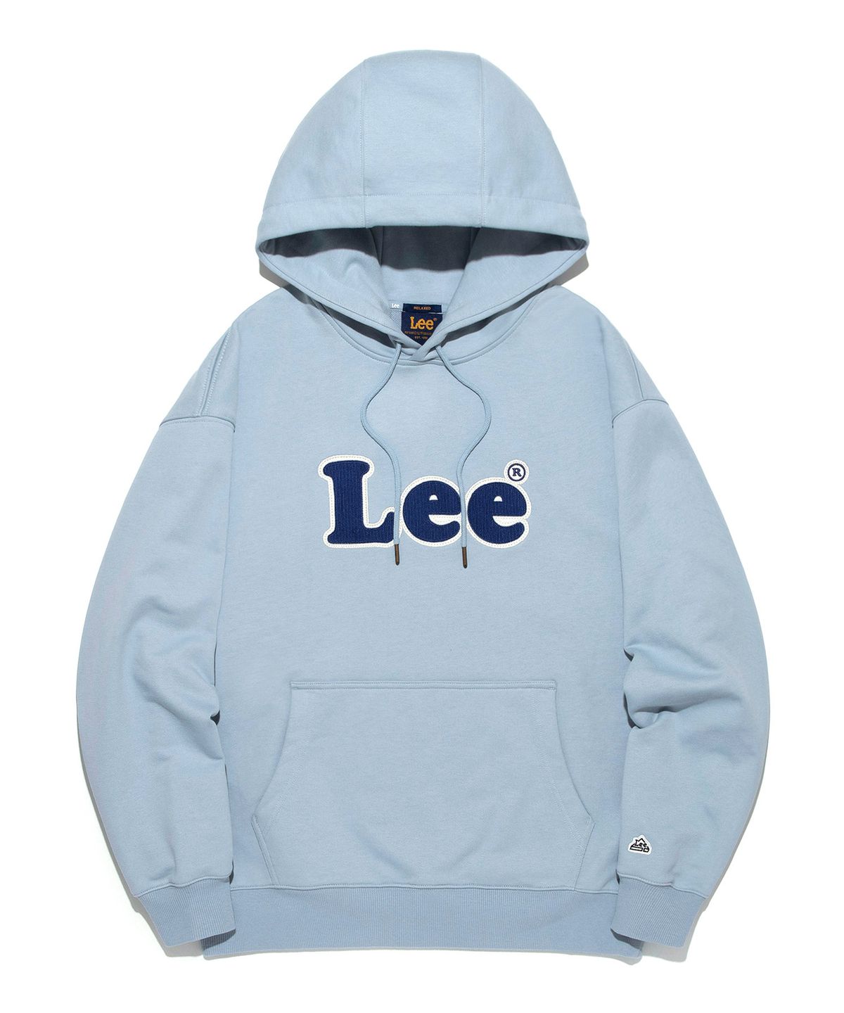 리(LEE) 빈티지 로고 펠트자수 후드 티셔츠 라이트블루