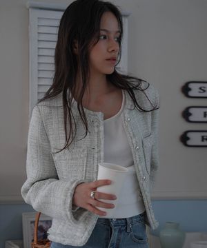 Fringe Trimming Tweed Jacket [Mixed Ivory]