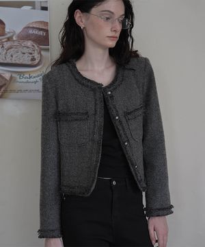 Fringe Trimming Tweed Jacket [Charcoal]