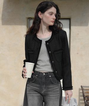 Fringe Trimming Tweed Jacket [Black]