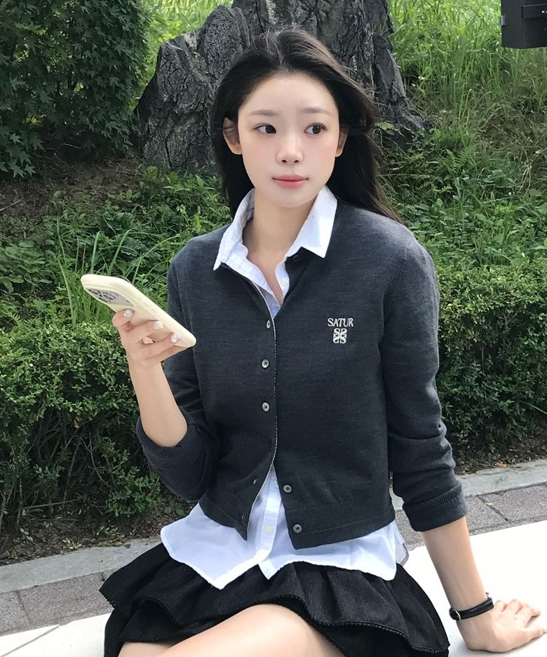 (W) 로렌 베이직 크루넥 파인 가디건 차콜