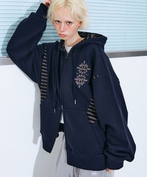 포스타 스트라이프 배색 후드 집업 다크네이비