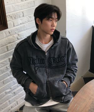 WASHED CUT OFF APPLIQUE HOOD ZIP UP BLACK(MG2FFMM496A)