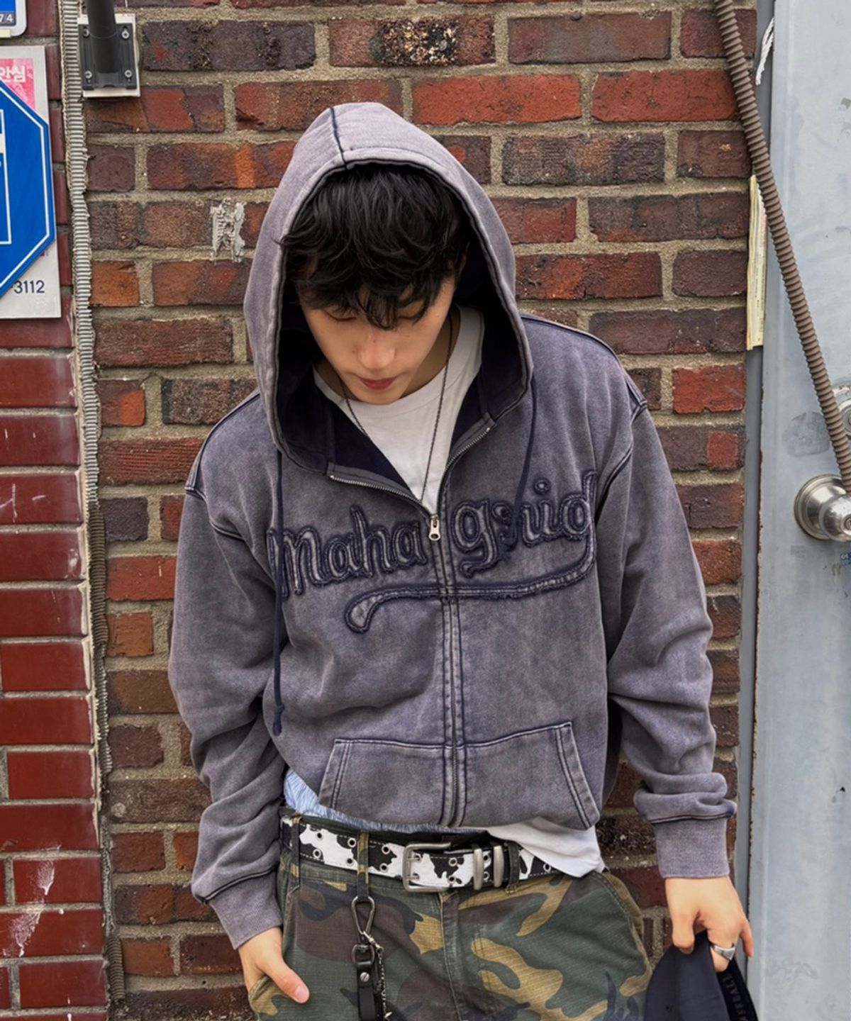 마하그리드(MAHAGRID) WASHED CUT OFF APPLIQUE HOOD ZIP UP NAVY(MG2FFMM496A)