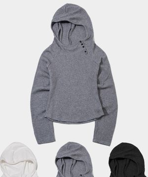 [트렌디에비뉴 PICK] 자수 골지 세미크롭 사이드 버튼 후드 롱 슬림 긴팔 티셔츠 _ 3COLOR