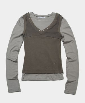 [트렌디에비뉴 PICK] 스터드 브이넥 투웨이 슬리브리스 레이어드 티셔츠 [베이지]