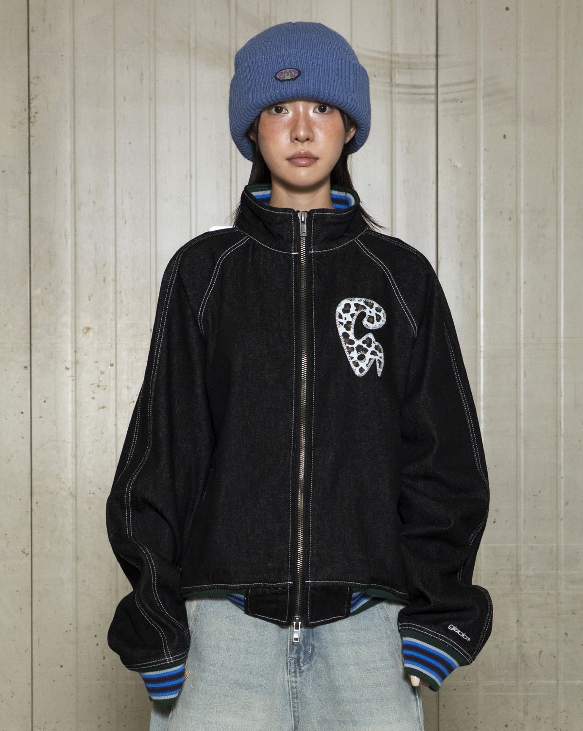 글랙(GLACK) GJ105 컬러립 데님 블루종 자켓 (BLACK)