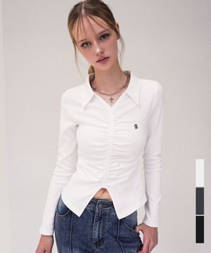 V Shirring Collar Long Sleeve_3Colors