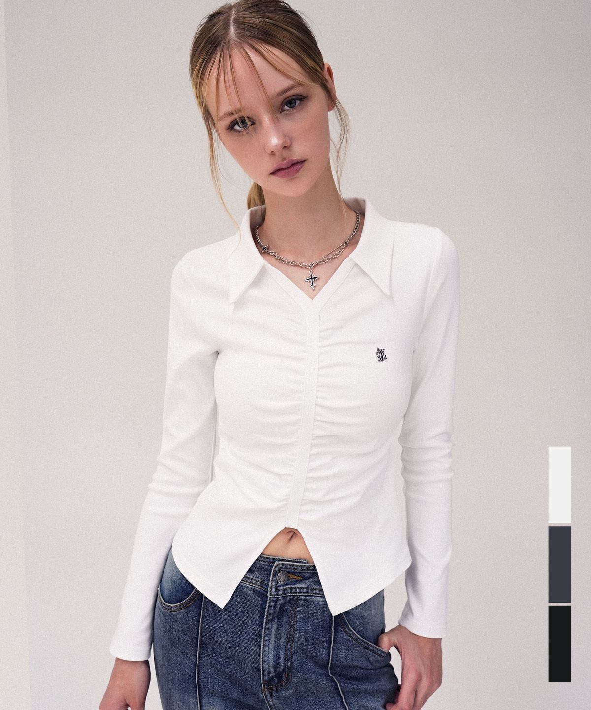 어반드레스(AVANDRESS) V Shirring Collar Long Sleeve_3Colors