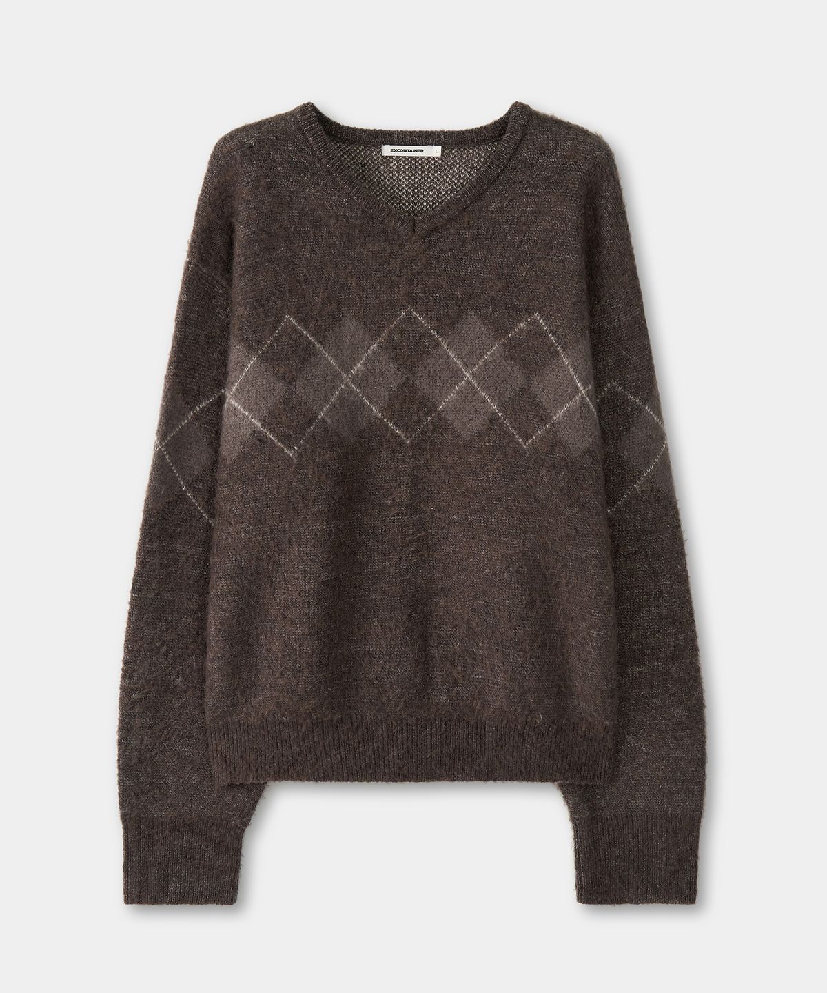 엑스컨테이너(EXCONTAINER) 헤어리 아가일 브이넥 니트 (BROWN)