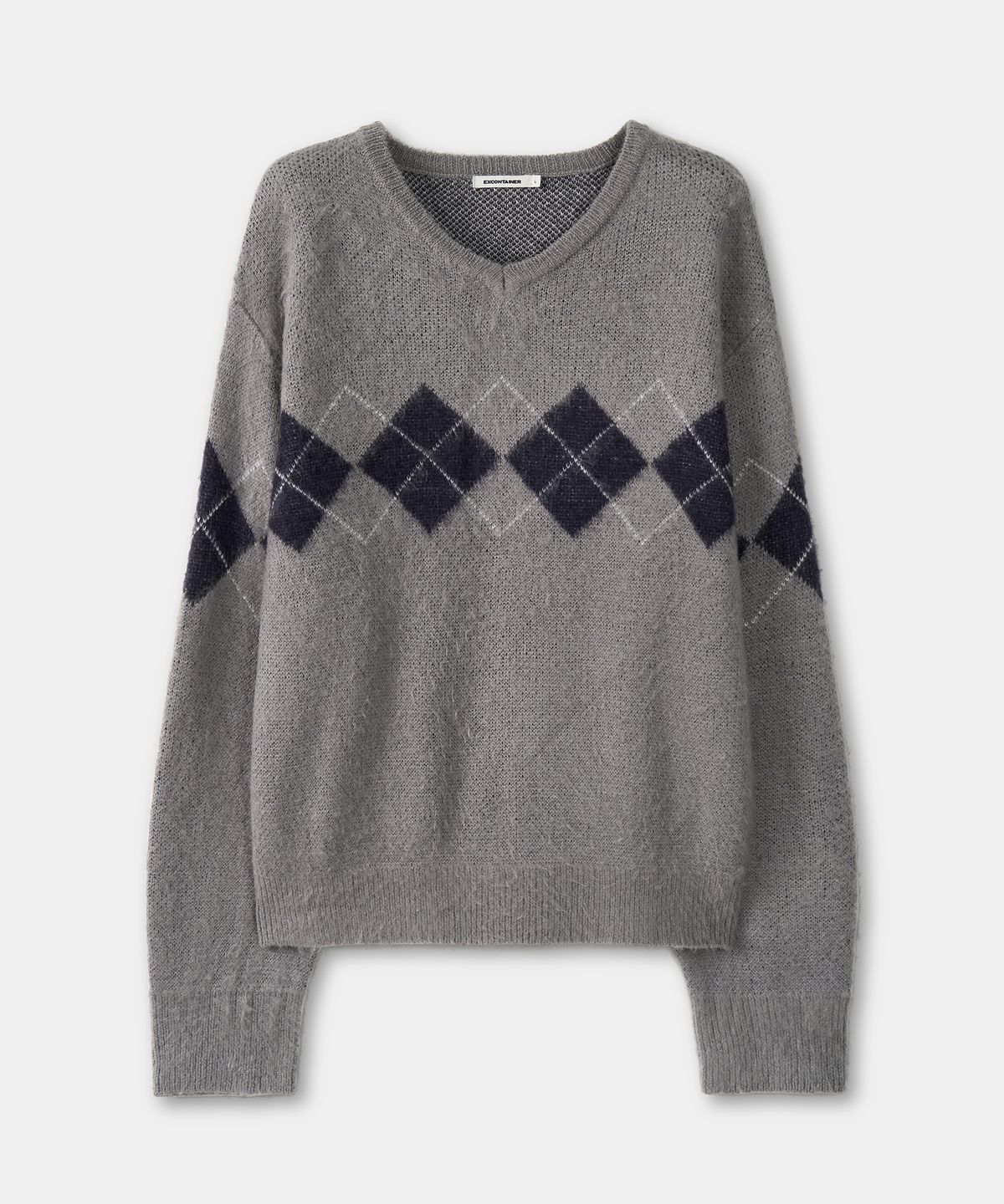 엑스컨테이너(EXCONTAINER) 헤어리 아가일 브이넥 니트 (GREY)
