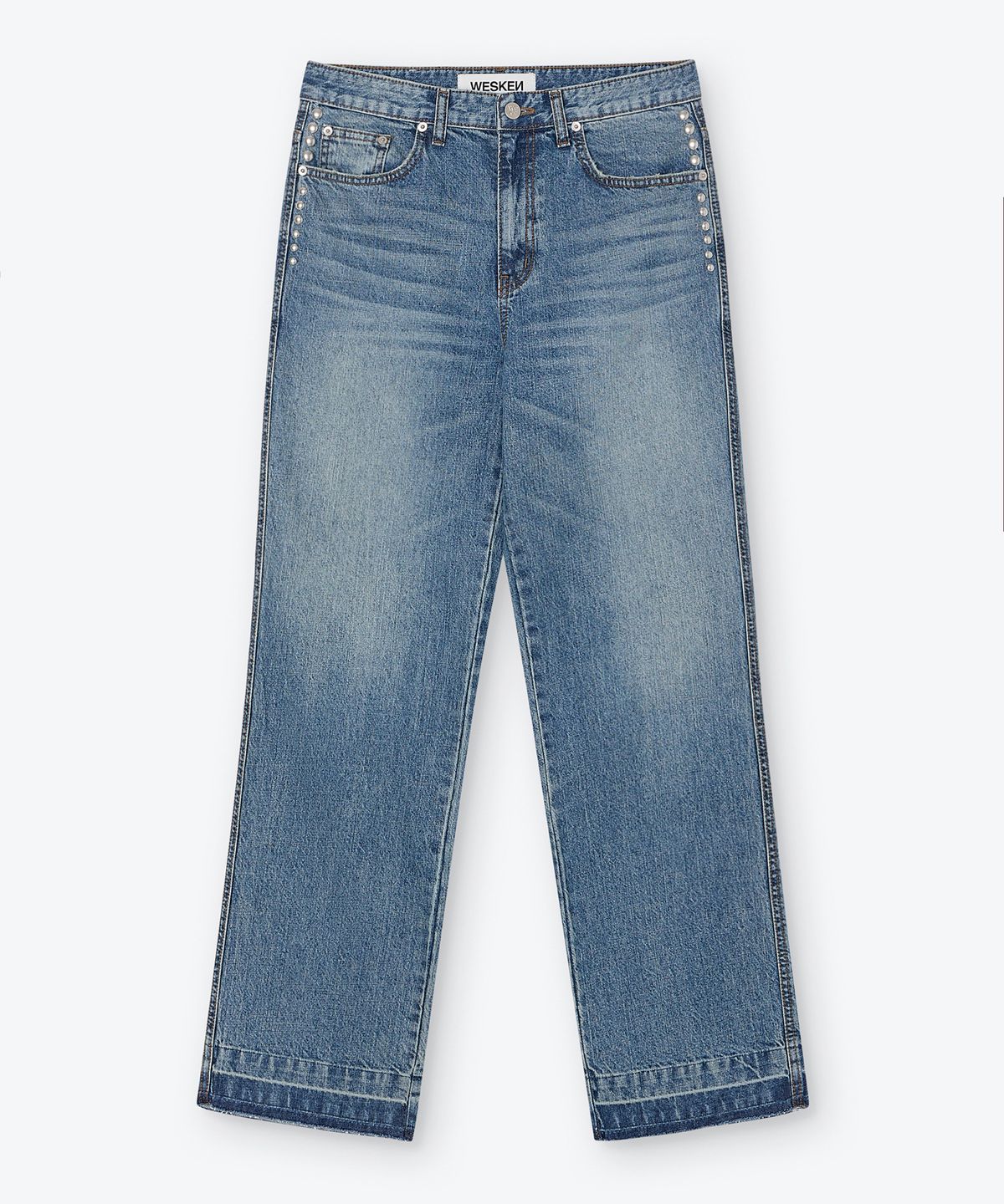 웨스켄(WESKEN) [UNISEX] STUDDED STRAIGHT DENIM PANTS (MID BLUE)